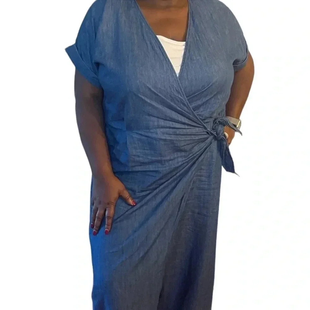 Eloquii Denim-Effect Wrap Jumpsuit in Blue
